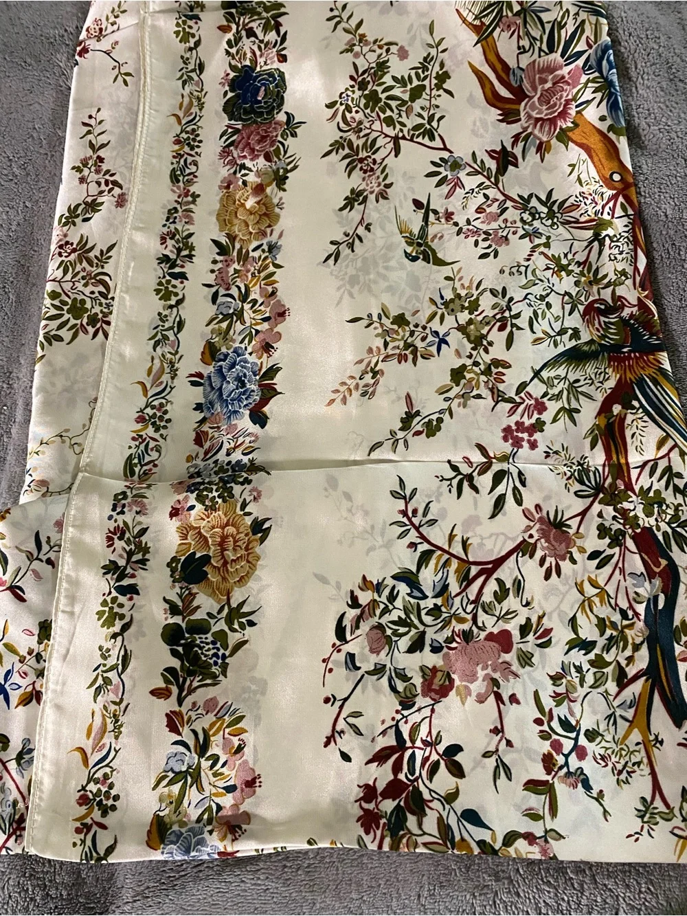 Floral Silk-Feel Scarf with Bird Motif - Cream Base
